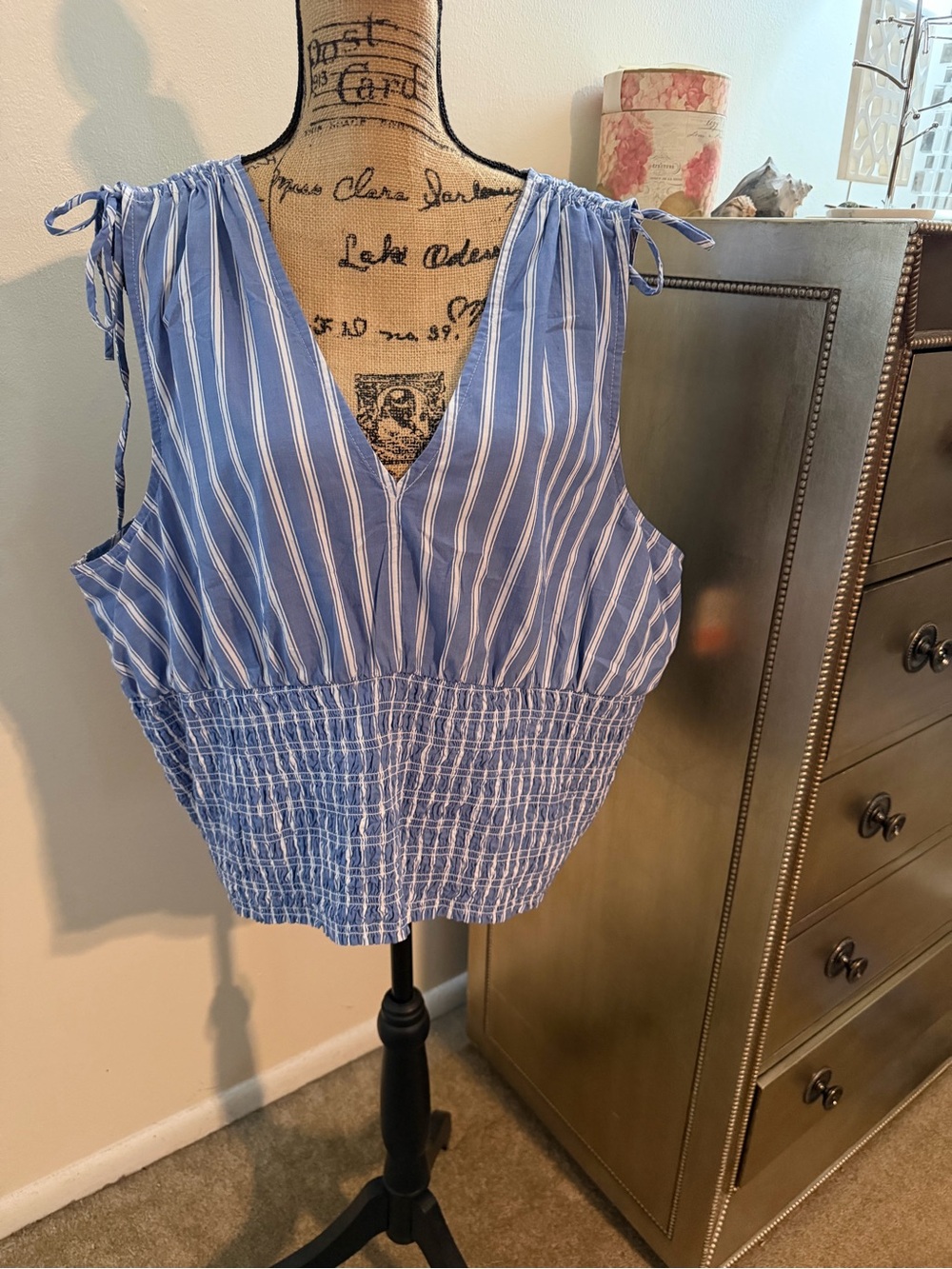 Old Navy Blue and White Striped Smocked Waist Camisole